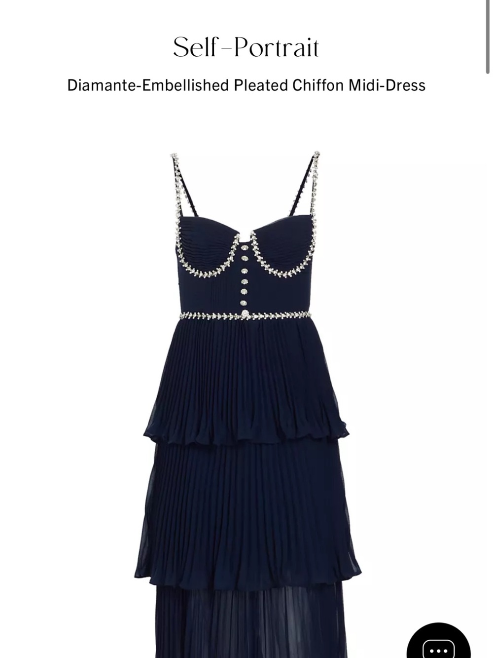 Self-Portrait Navy Diamante-Trim Tiered Pleated Chiffon Midi Dress size 2 US 6UK
